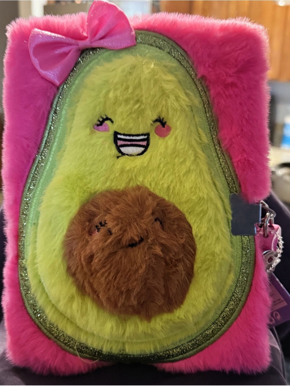 Claire's Plush Avocado Diary with key in Pink & Green with Brown Pit